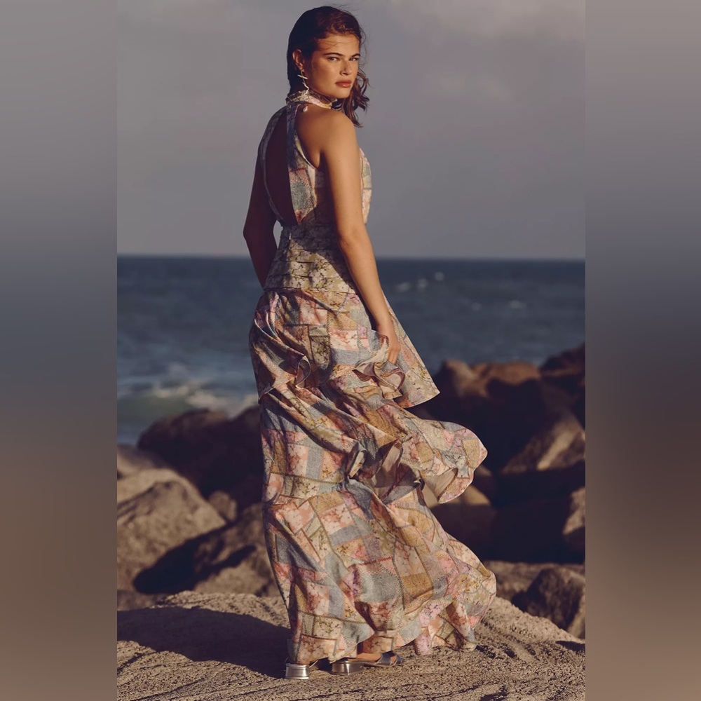 Aqua Blu Joan Halter Tiered Maxi Dress Gown Anthropologie